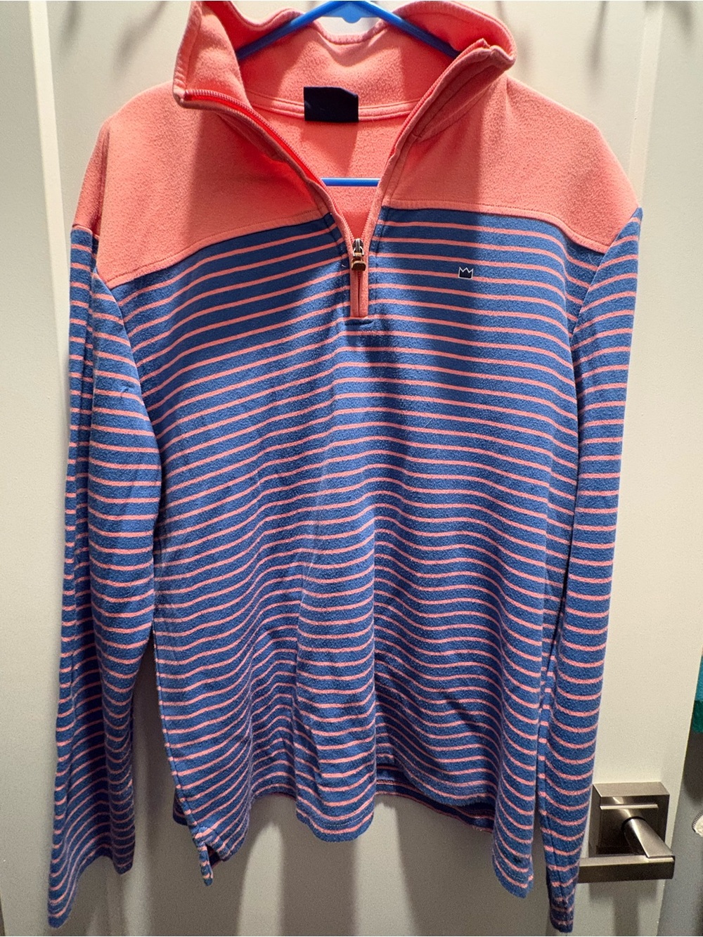crown & ivy Coral Yoke Blue and Coral Striped Quarter-Zip Sweater